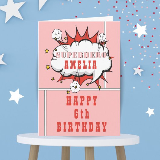 Pink Superhero Comic Speech Bubble Girl Birthday Karte