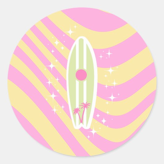Pink Surfboard, Beach Art, Tropenmuscheln, Preppy Runder Aufkleber (Vorderseite)