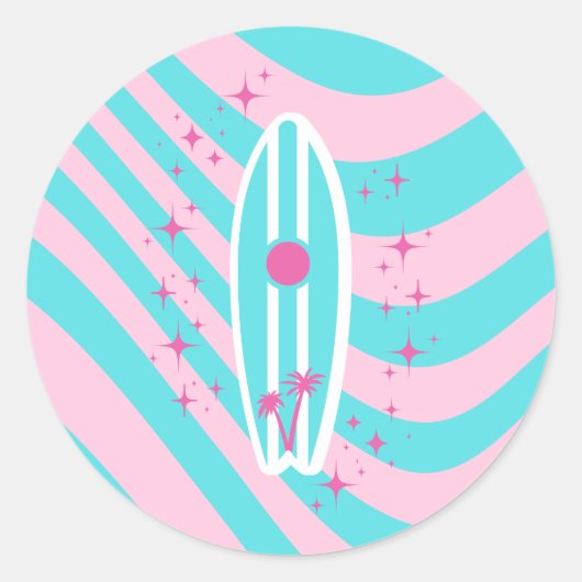 Pink Surfboard, Beach Art, Tropenmuscheln, Preppy Runder Aufkleber (Vorderseite)