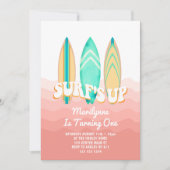 Pink Surfs Up Surfboard 1. Geburtstag Einladung (Vorderseite)