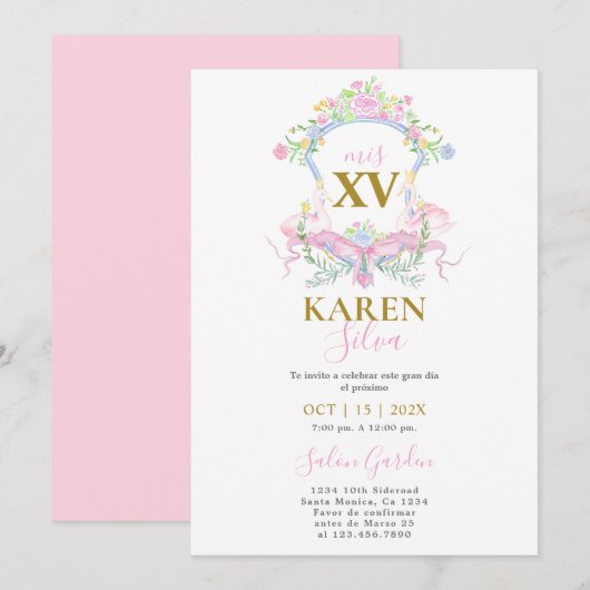 Pink Swan Wappen Quinceanera Einladung (Vorne/Hinten)