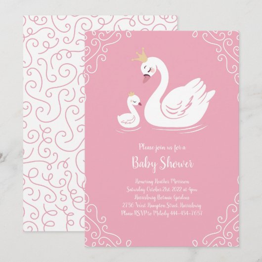 Pink Swans Baby Showbird mit Crown Einladung (Vorne/Hinten)