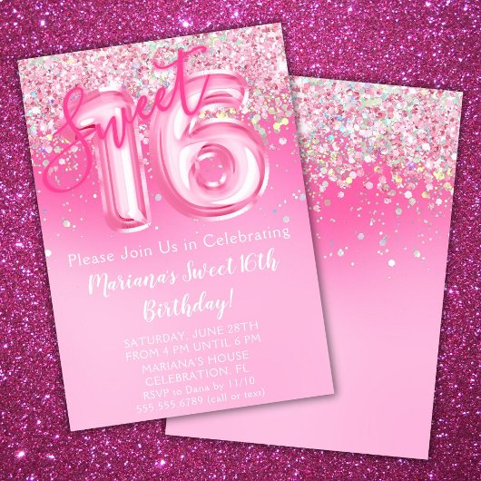 Pink Sweet 16. Geburtstag Einladung Pink Glitzer