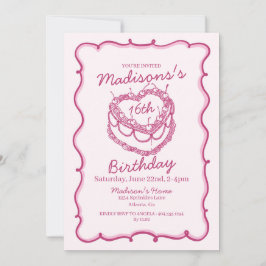 Pink Sweet 16 Herz Coquette Cherry Cake Geburtstag Einladung