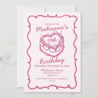 Pink Sweet 16 Herz Coquette Cherry Cake Geburtstag Einladung