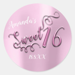 Pink Sweet 16. Script Herzblasen Girly Runder Aufkleber