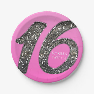 Pink Sweet 16 Silver Glitzer Glam Geburtstagsparty Pappteller