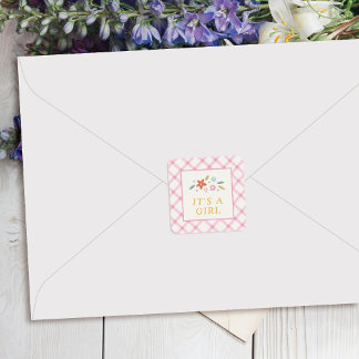 Pink Sweet Floral Baby Girl Envelope Seal Label Quadratischer Aufkleber
