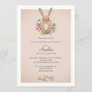 Pink Sweet Floral Bunny Erster Geburtstag Einladun Einladung