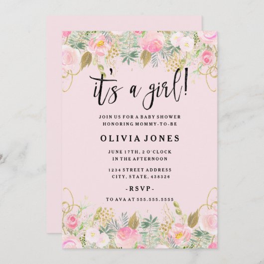 Pink Sweet Floral Eine Girl-Baby-Dusche lädt ein Einladung (Vorne/Hinten)