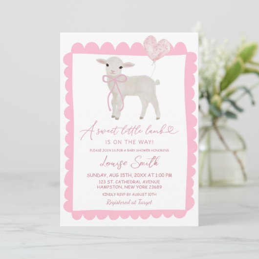 Pink Sweet Little Lamb Baby Dusche Einladung (Stehend Vorderseite)