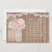 Pink Sweet Mason Jar & Wood Baby Dusche laden Einladung (Vorderseite)