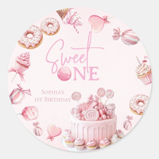 Pink Sweet One Round Favor Stickers (Vorderseite)