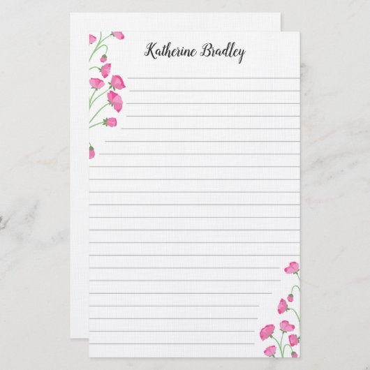 Pink Sweet Pea Floral Add Names Lined Briefpapier (Vorne/Hinten)