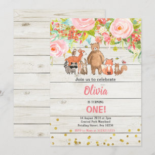 Pink Sweet Rustic Woodland Animal 1. Geburtstag Einladung