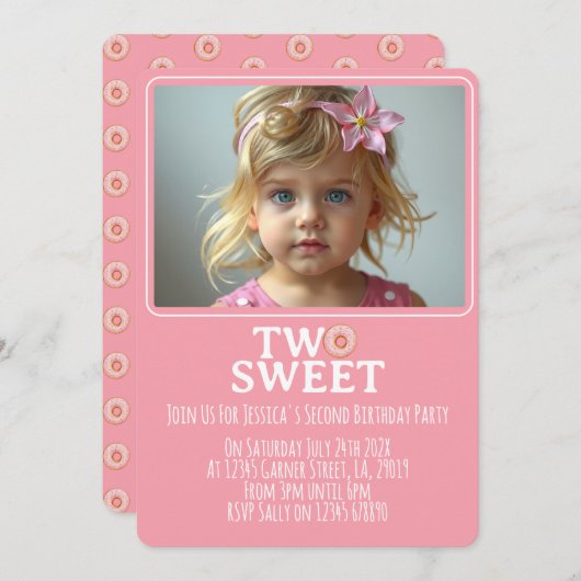 Pink Sweet Two Year Old Girl Photo Party Invite Einladung (Vorne/Hinten)