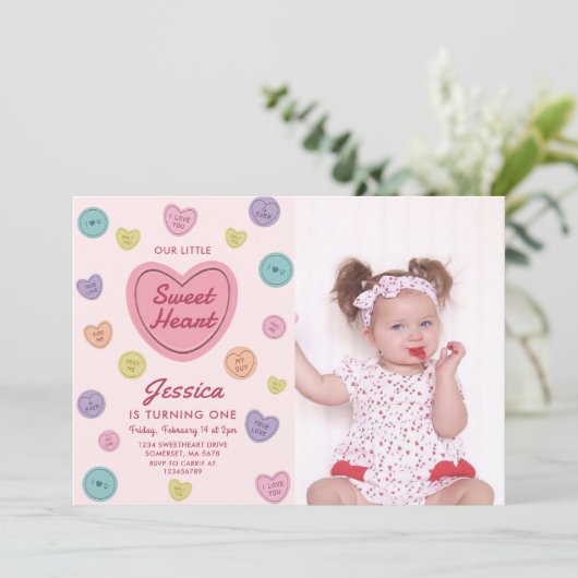 Pink Sweetheart Candy Valentine Birthday Foto Einladung (Stehend Vorderseite)