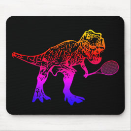 Pink T-Rex Dinosaur Tennis Player on Black Mousepad