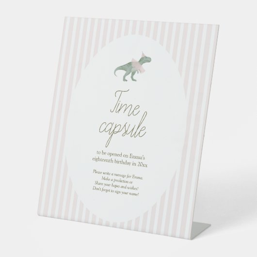 Pink T Rex Tutu Girl Birthday Time Capsule Sign Sockelschild (Vorderseite)