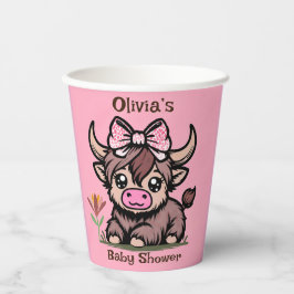 Pink Tan Highland Cow Girl Babydusche Pappbecher