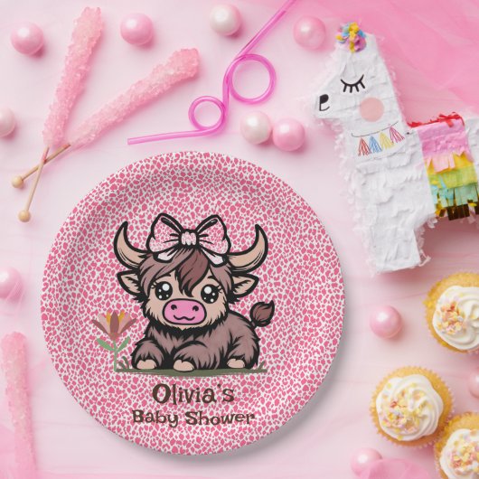 Pink Tan Highland Cow Girl Babydusche Pappteller (Party)