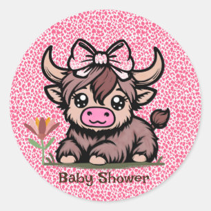 Pink Tan Highland Cow Girl Babydusche Runder Aufkleber