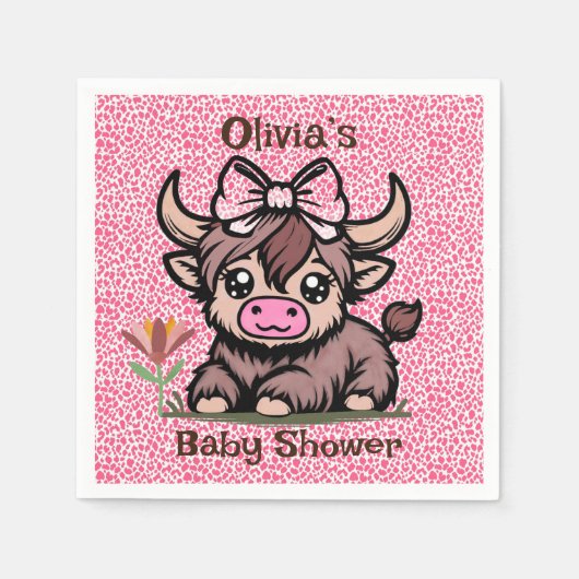 Pink Tan Highland Cow Girl Babydusche Serviette (Vorderseite)