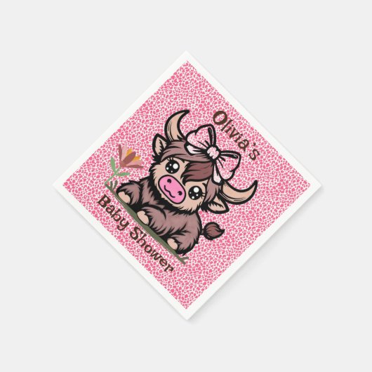 Pink Tan Highland Cow Girl Babydusche Serviette (Ecke)