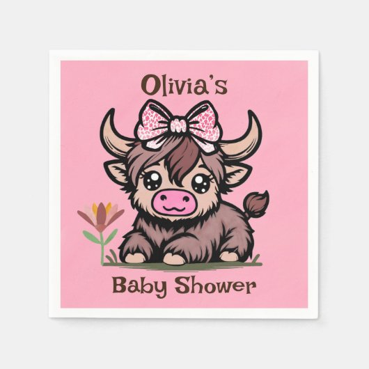 Pink Tan Highland Cow Girl Babydusche Serviette (Vorderseite)