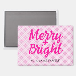 Pink tartan Christmas Merry Bright Familienname Magnet