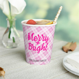 Pink tartan Christmas Merry Bright Familienname Pappbecher