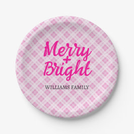 Pink tartan Christmas Merry Bright Familienname Pappteller