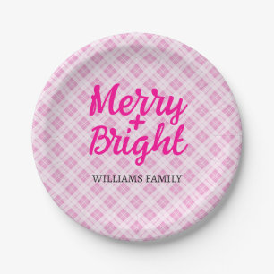 Pink tartan Christmas Merry Bright Familienname Pappteller