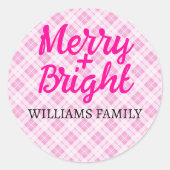 Pink tartan Christmas Merry Bright Familienname Runder Aufkleber (Vorderseite)