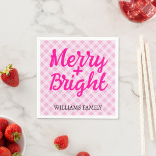 Pink tartan Christmas Merry Bright Familienname Serviette