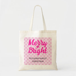 Pink tartan Christmas Merry Bright Familienname Tragetasche