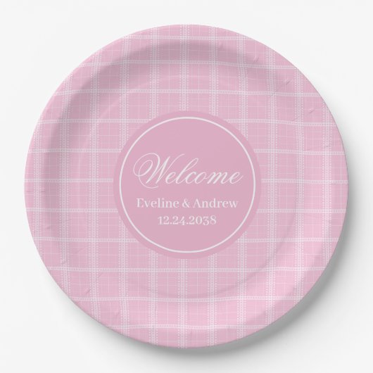 Pink Tartan Paper Plates Modern Monogram Wedding Pappteller (Vorderseite)