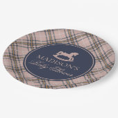 Pink Tartan Plaid Rocking Horse Baby Shower Pappteller (Schrägansicht)