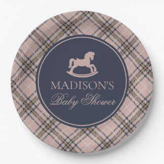 Pink Tartan Plaid Rocking Horse Baby Shower Pappteller