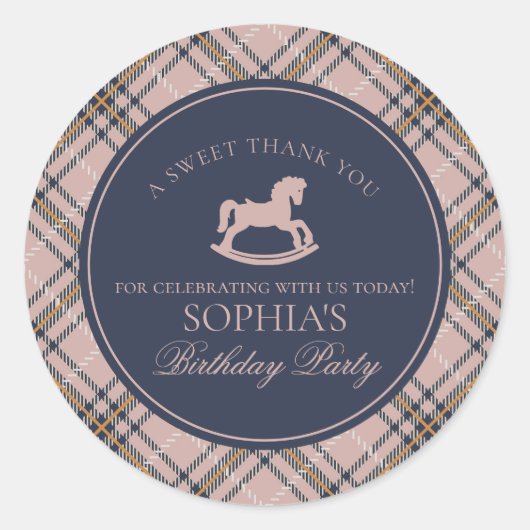Pink Tartan Plaid Rocking Horse Birthday Favor Runder Aufkleber (Vorderseite)