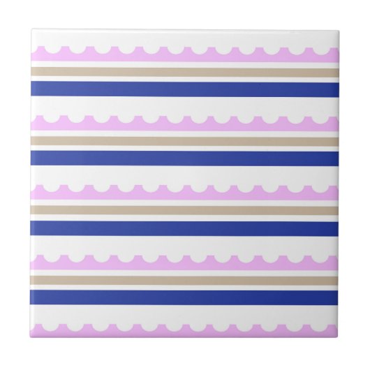 Pink Taupe White Blue Strip Scallop Muster Druck Fliese (Vorderseite)