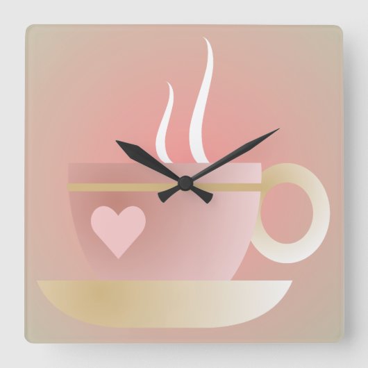 Pink Teacup and Heart Wall Clock Quadratische Wanduhr (Vorderseite)