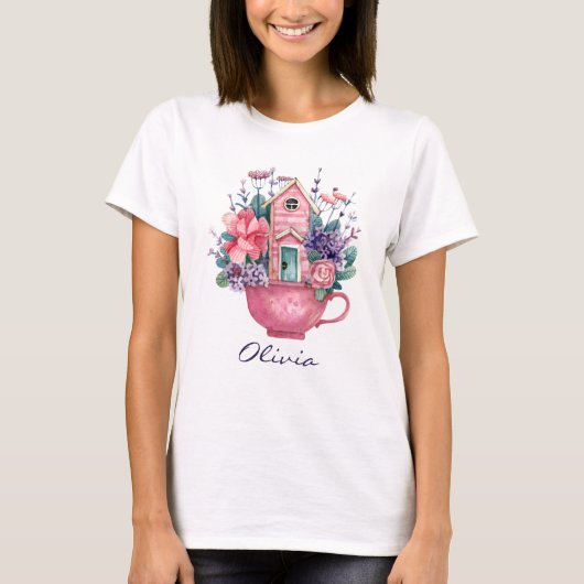 Pink Teacup Fairytale House Womens White T-Shirt (Vorderseite)