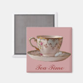 Pink Teacup und Saucer mit Rose Magnet (Vorderseite/Rückseite)
