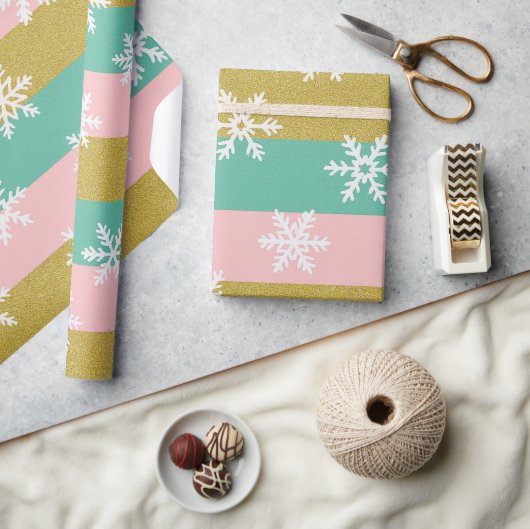 Pink Teal and Gold Stripes With Snowflakes Geschenkpapier (Kunsthandwerk)