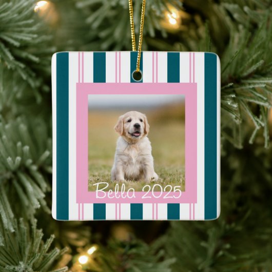 Pink Teal Pet Photo with Name Keramikornament (Baum)