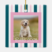 Pink Teal Pet Photo with Name Keramikornament (Rückseite)