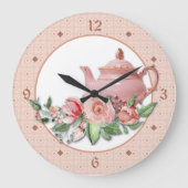 Pink Teapot Floral Große Wanduhr (Vorderseite)