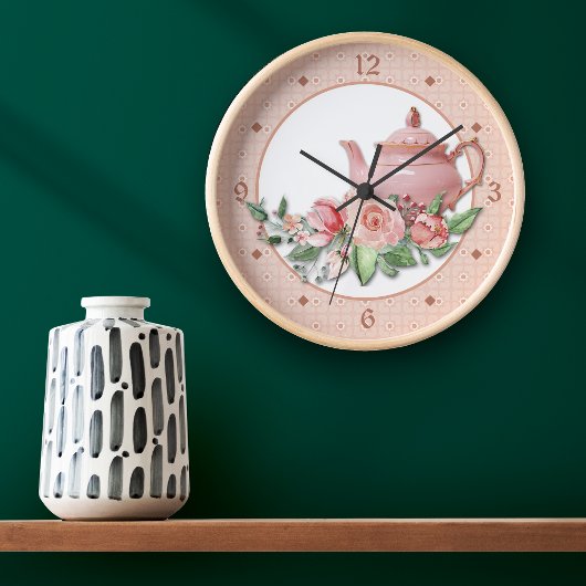 Pink Teapot Floral Große Wanduhr