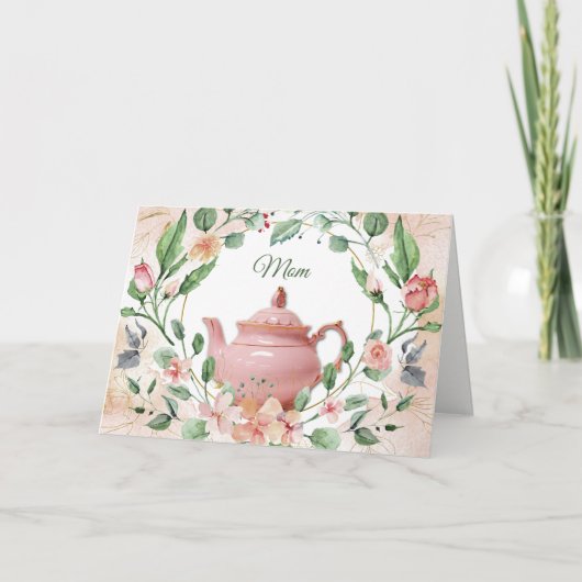 Pink Teapot Floral Wreath Mother Day Karte (Vorderseite)